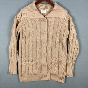 VTG Sears Cable Knit Shawl‎ Collar Cardigan Sweater Tan Acrylic 70s 80s Fits M